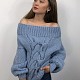 На шестой фотографии женский голубой свитер с открытыми плечами от Shapar, бренда вязаной одежды ручной работы в интернет-магазине связанных спицами вещей.