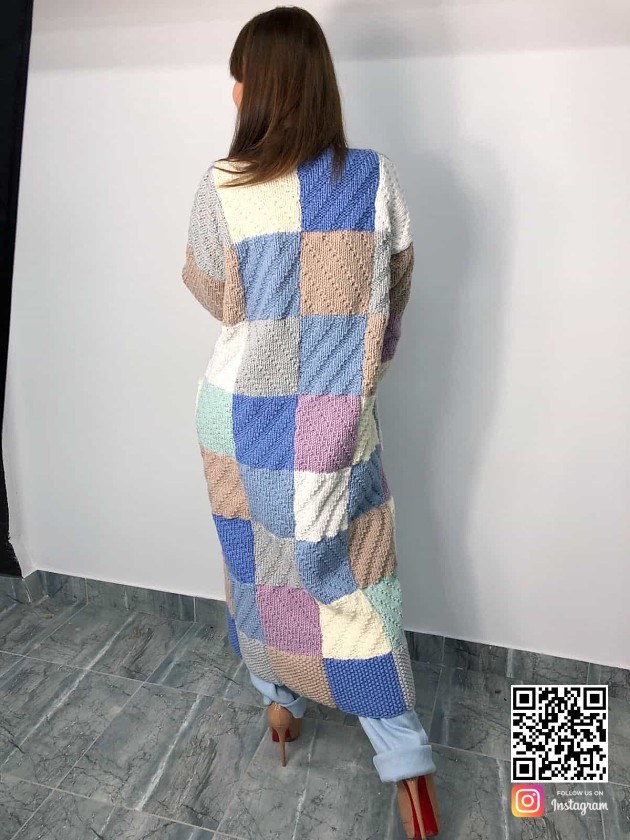 На второй фотографии женский стильный длинный кардиган со спины от Shapar, бренда эксклюзивной одежды ручной работы в интернет-магазине связанных вещей.