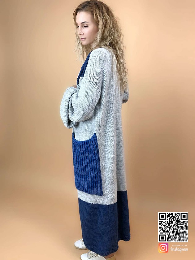 На второй фотографии женский длинный кардиган с карманами спицами от Shapar, бренда вязаной одежды ручной работы в интернет-магазине связанных вещей.
