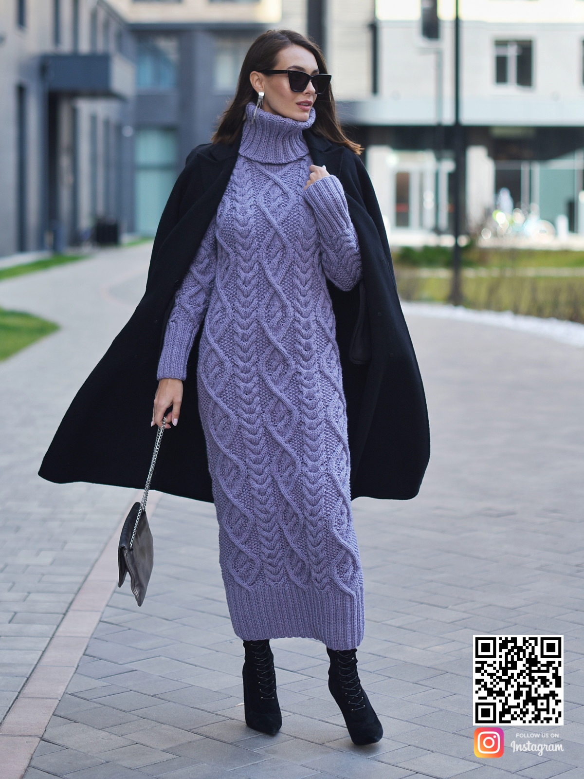 На шестой фотографии сиреневое вязаное платье с воротником стойкой в интернет-магазине связанной одежды ручной работы Shapar.